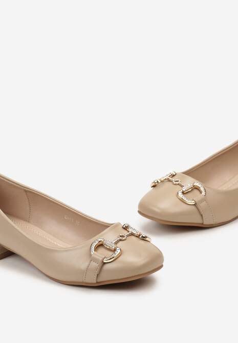 Ciemnobeżowe Balerinki na Płaskim Słupku z Klamerką z Cyrkoniami Olnas