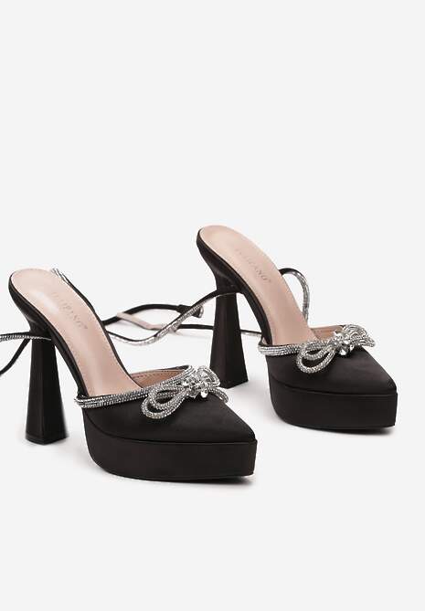 Czarne Sandały z Ozdobną Kokardą i Cyrkoniami na Platformie i Klepsydrowym Obcasie Wernia