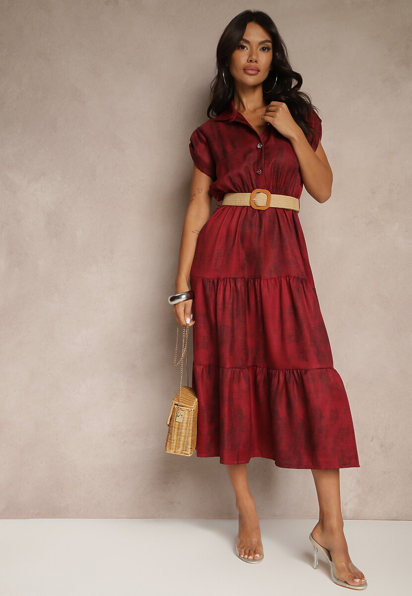 Jasnobeżowa Sukienka z Guzikami i Paskiem z Plecionki Fillona