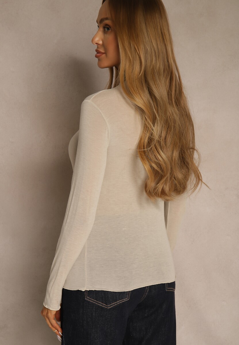 Beżowa Wiskozowa Bluzka Longsleeve Golf z Kaszmirem Vidara