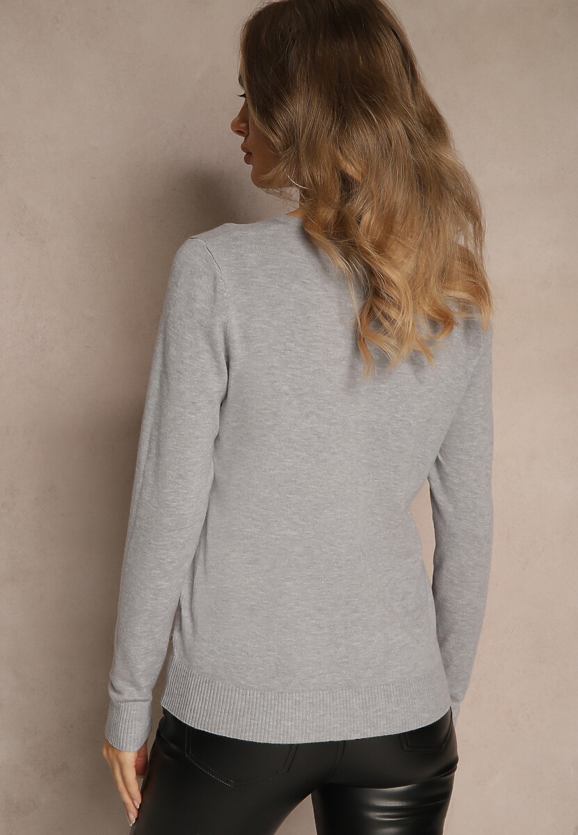 Szary Gładki Sweter w Minimalistycznym Stylu Tevra