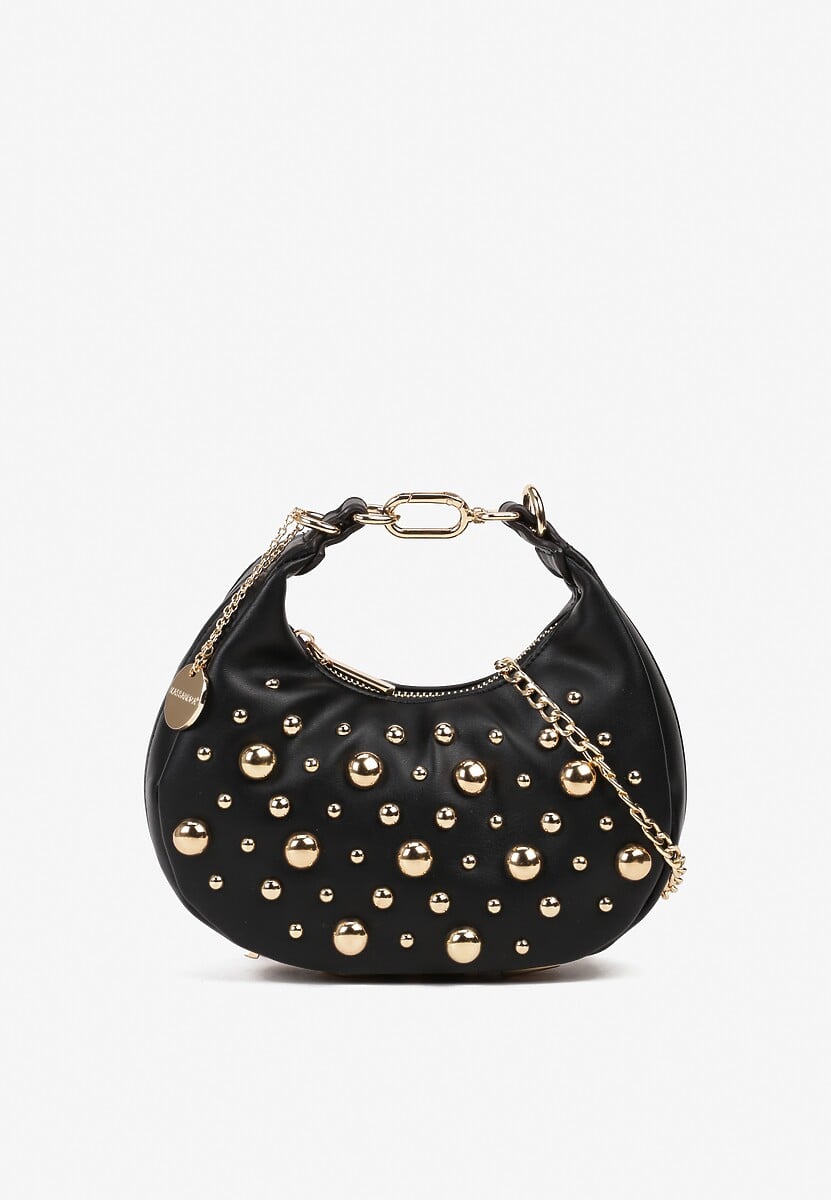 Czarna Torebka Baguette z Napisem Love Łańcuszkiem i Wypukłymi Nitami Teresiel