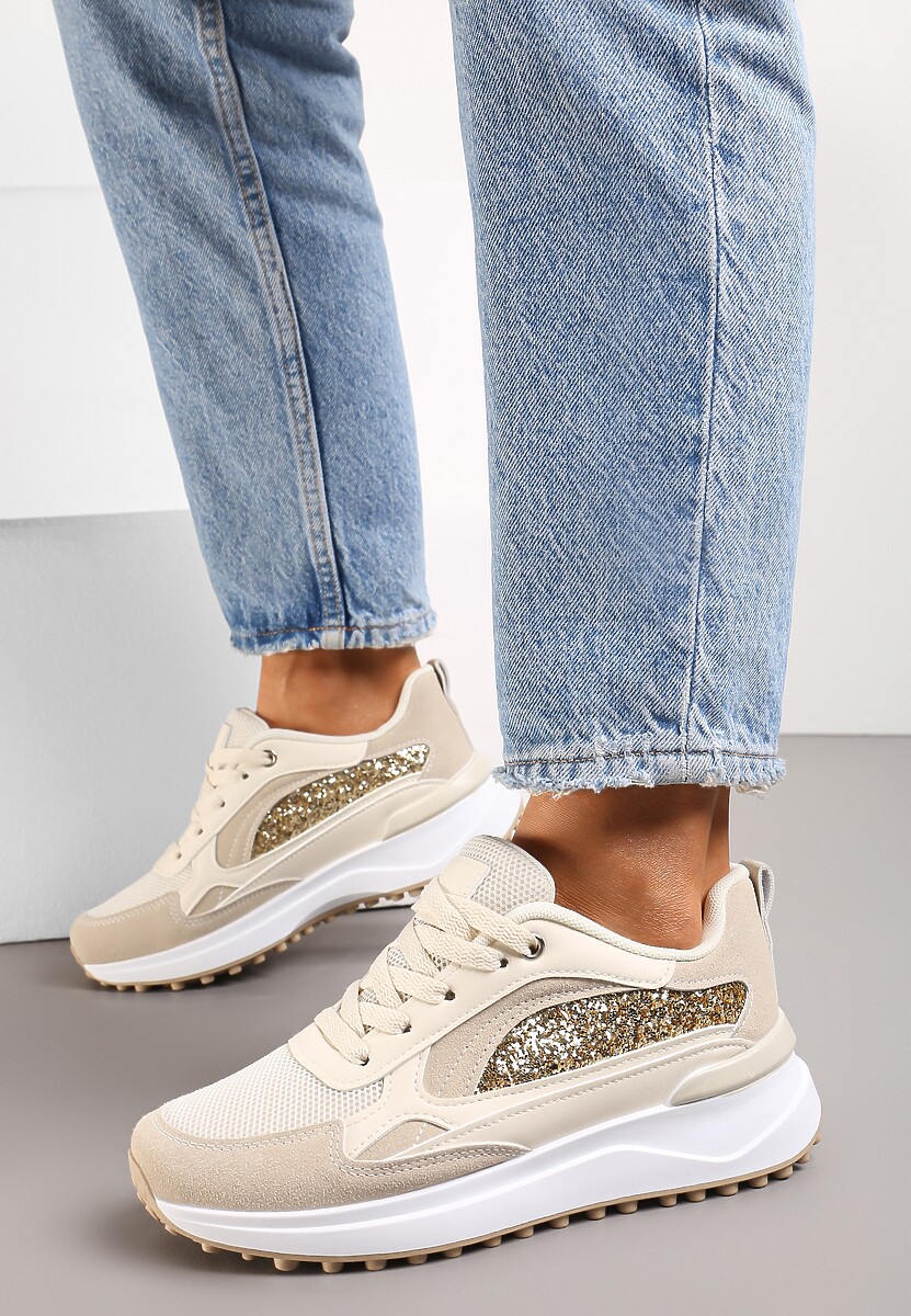 Beżowe Sneakersy z Noskiem z Siateczki i Wstawką Cekinową Tilrialls