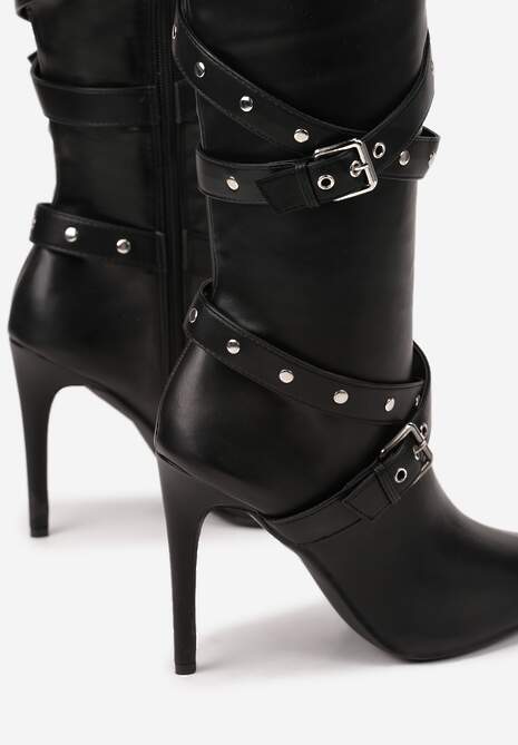 Czarne Kozaki Bikery na Szpilce z Klamrami i Paskami Jurisse