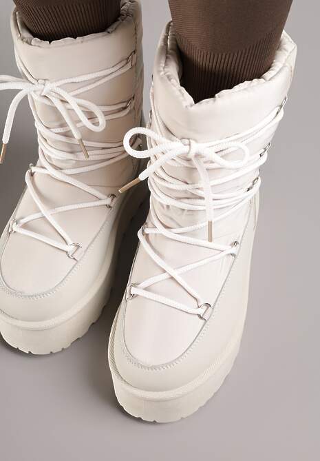 Beżowe Śniegowce na Platformie z Ozdobnym Wiązaniem Zingie