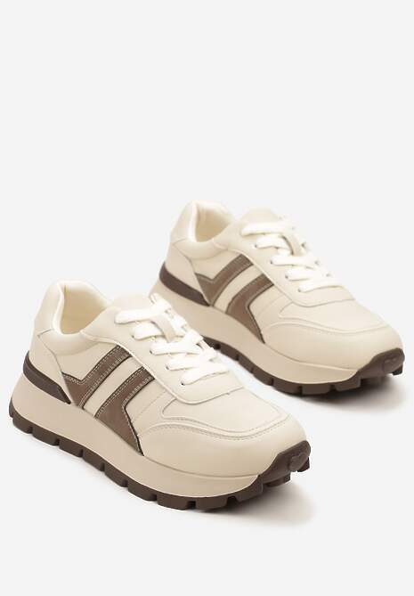 Beżowe Sneakersy na Grubej Podeszwie Zdobione Przeszyciami Lulline