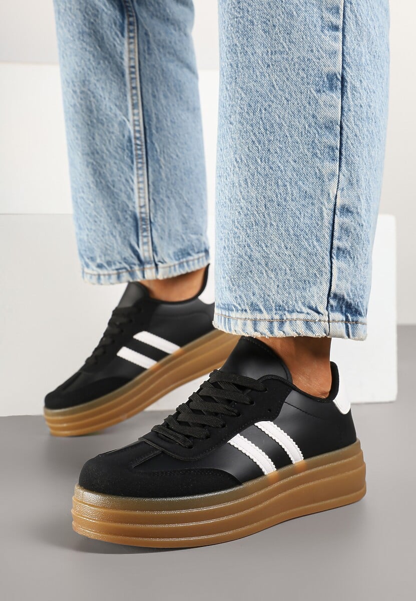 Czarne Sneakersy w Stylu Tenisówki z Paskami Hirnelia