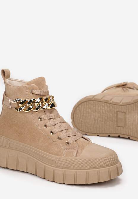 Brązowe Botki Sznurowane na Platformie z Łańcuchem Petrenie
