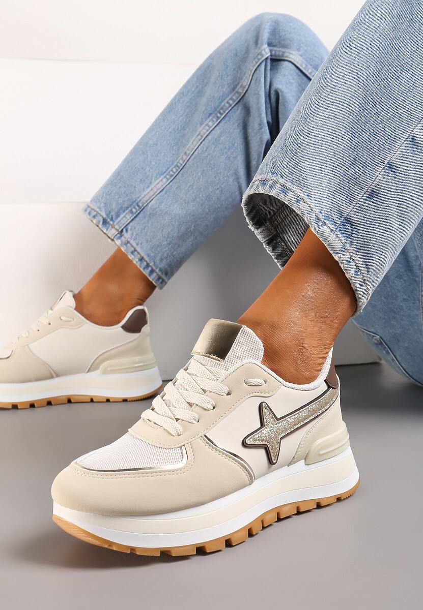 Beżowe Sneakersy na Niskiej Platformie z Ozdobnymi Wstawkami na Cholewce Suno