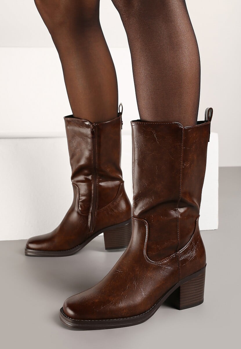 Ciemnobrązowe Casualowe Botki Sztyblety na Słupku Teralita