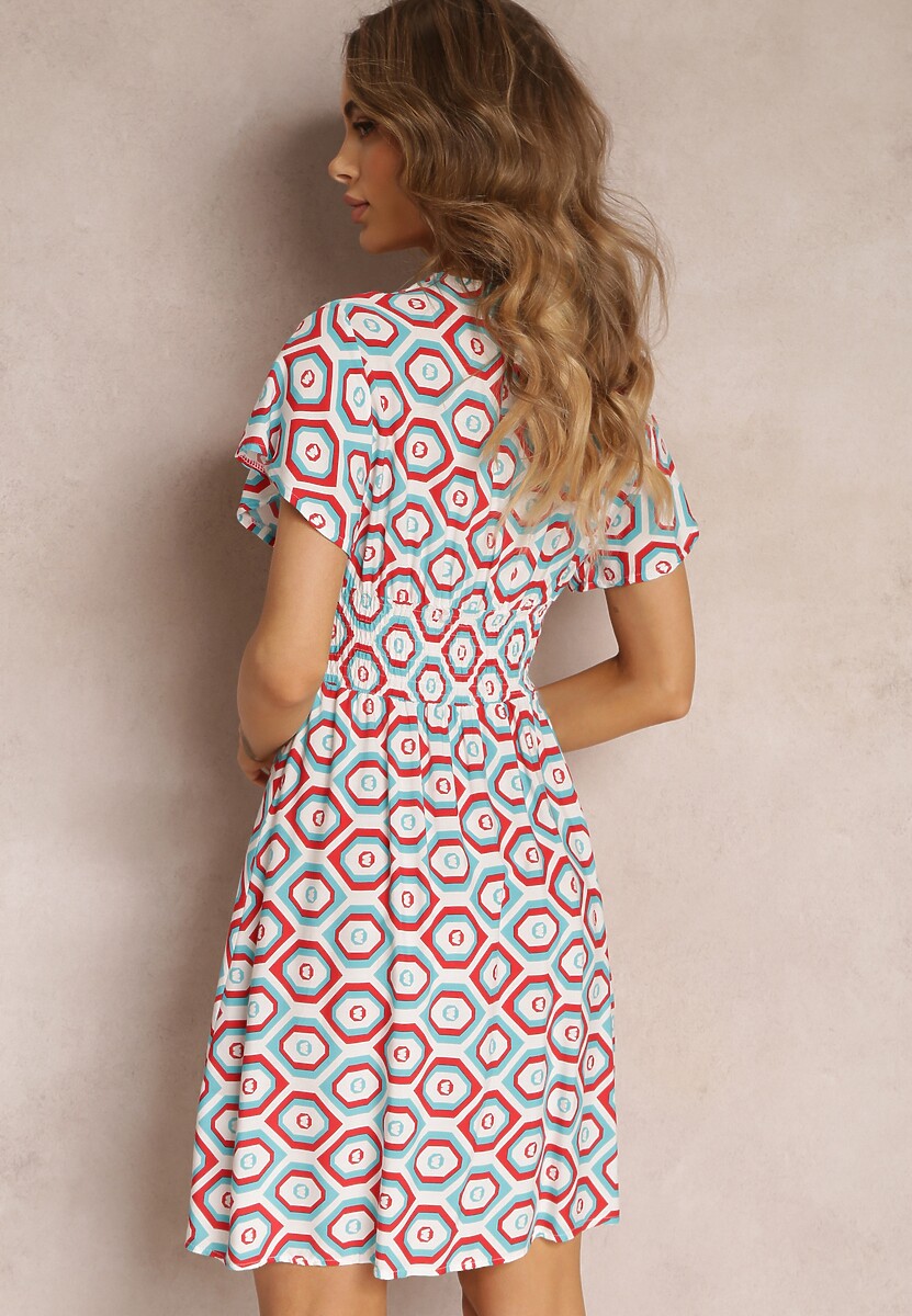 Czerwona Kopertowa Sukienka Mini z Gumką w Talii z Wiskozy Samata