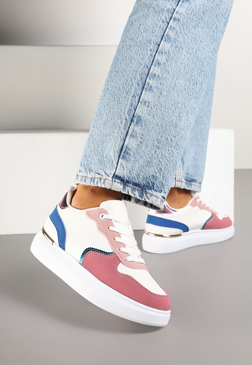 Biało-Różowe Sneakersy z Metalicznymi Aplikacjami Terlexia