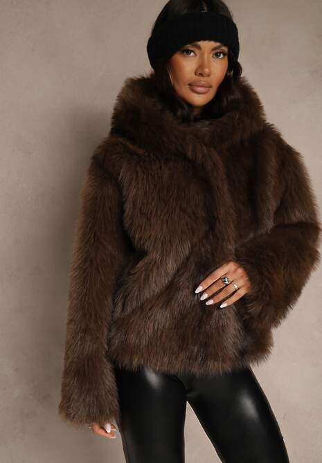 Brązowa Kurtka Futerko z Nieodpinanym Kapturem Tusnema