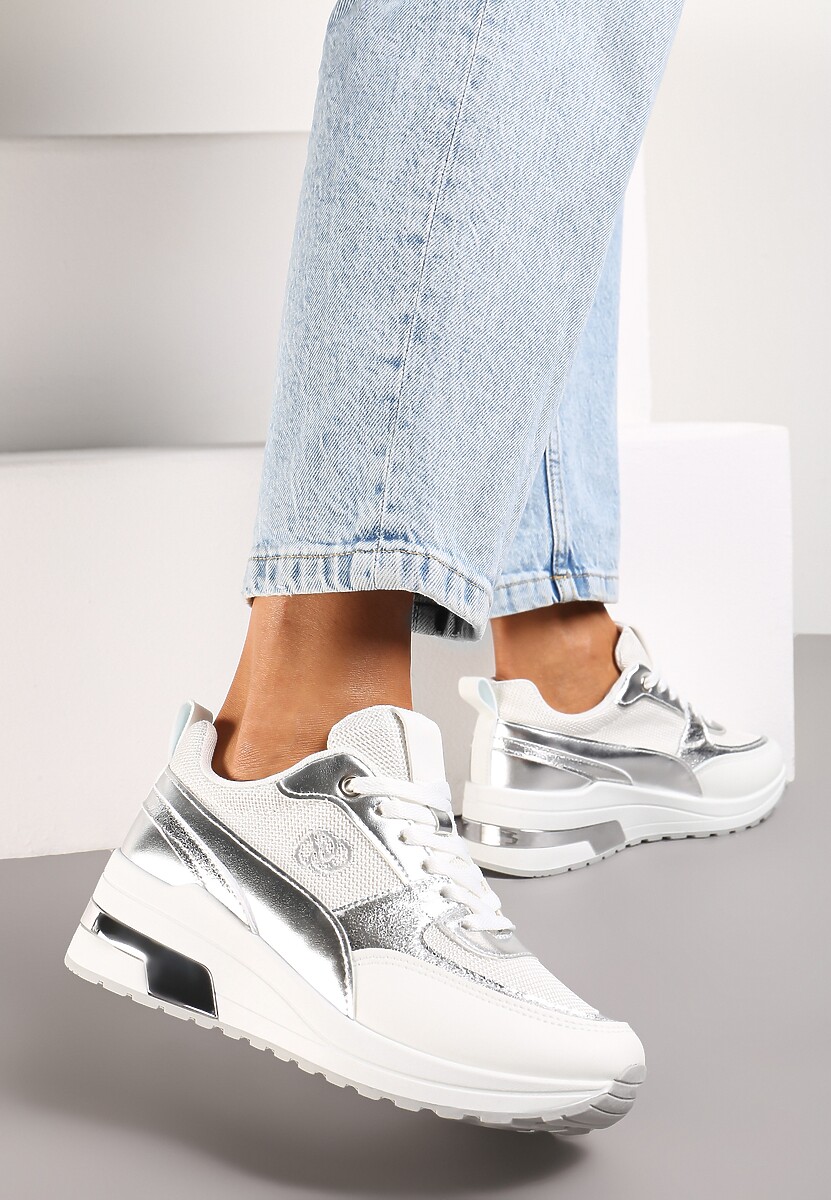 Beżowe Sznurowane Sneakersy z Ekoskóry z Siateczką i Ozdobnym Monogramem Vitalera