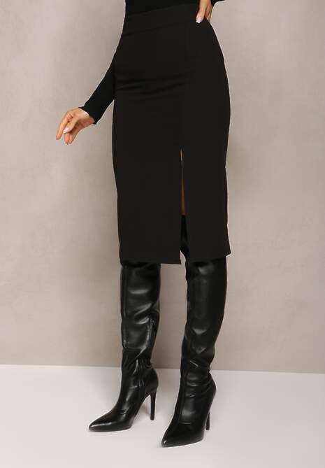 Czarna Ołówkowa Spódnica Midi z Rozcięciem Arathora