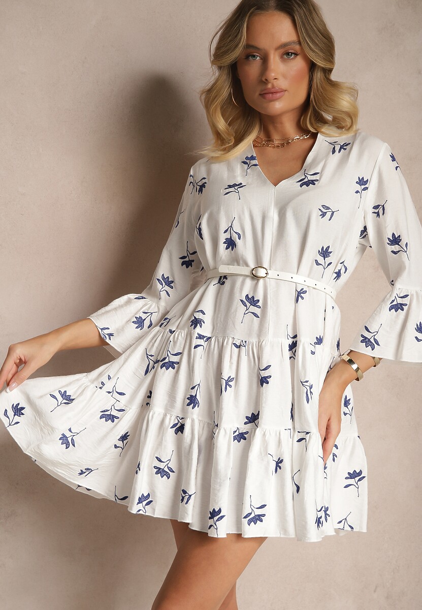 Niebieska Rozkloszowana Sukienka z Wiskozą Zdobiona Haftem i Falbanami Aliorra