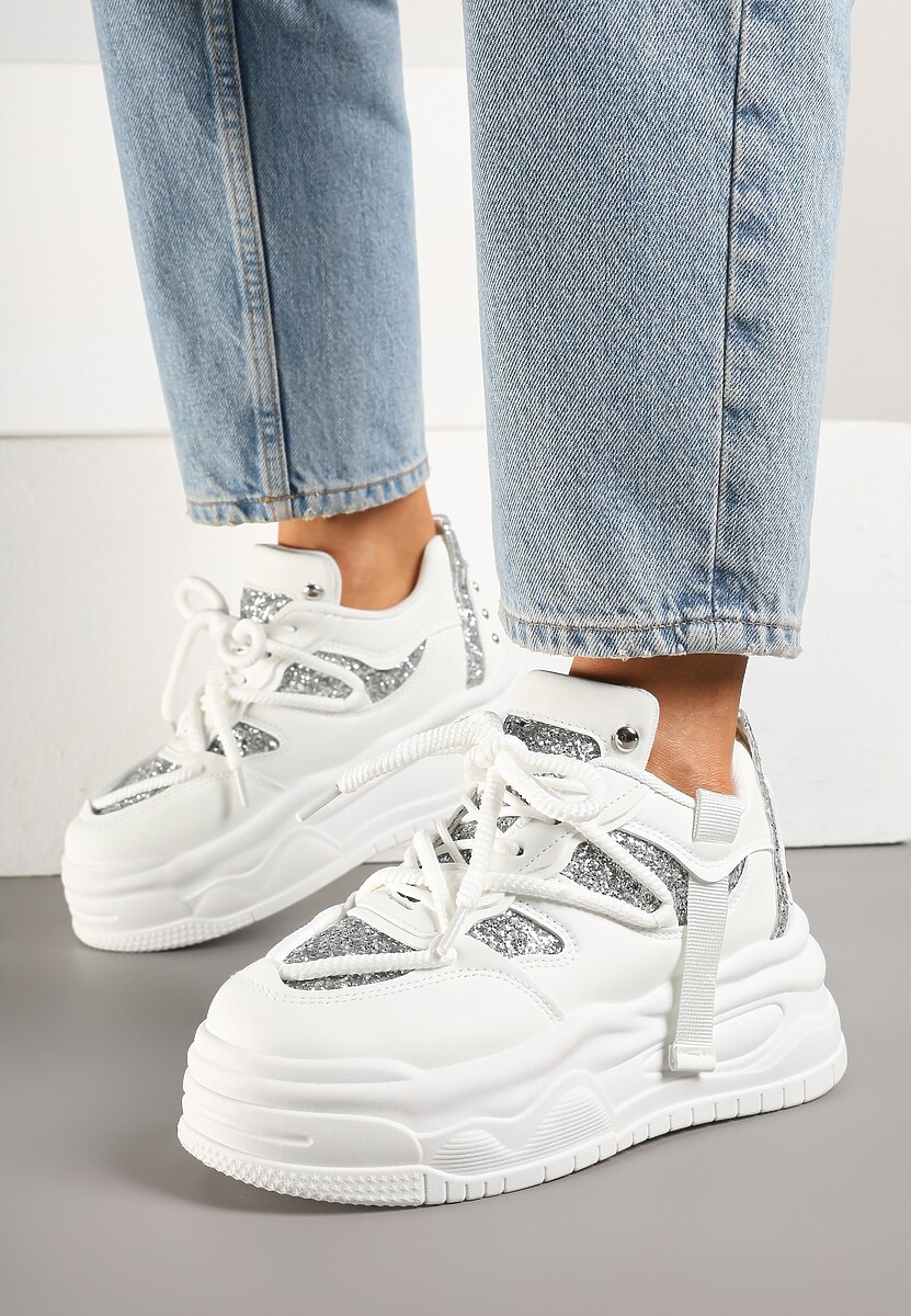 Białe Sneakersy w Streetwearowym Stylu na Tłoczonej Platformie z Brokatem Mailienne