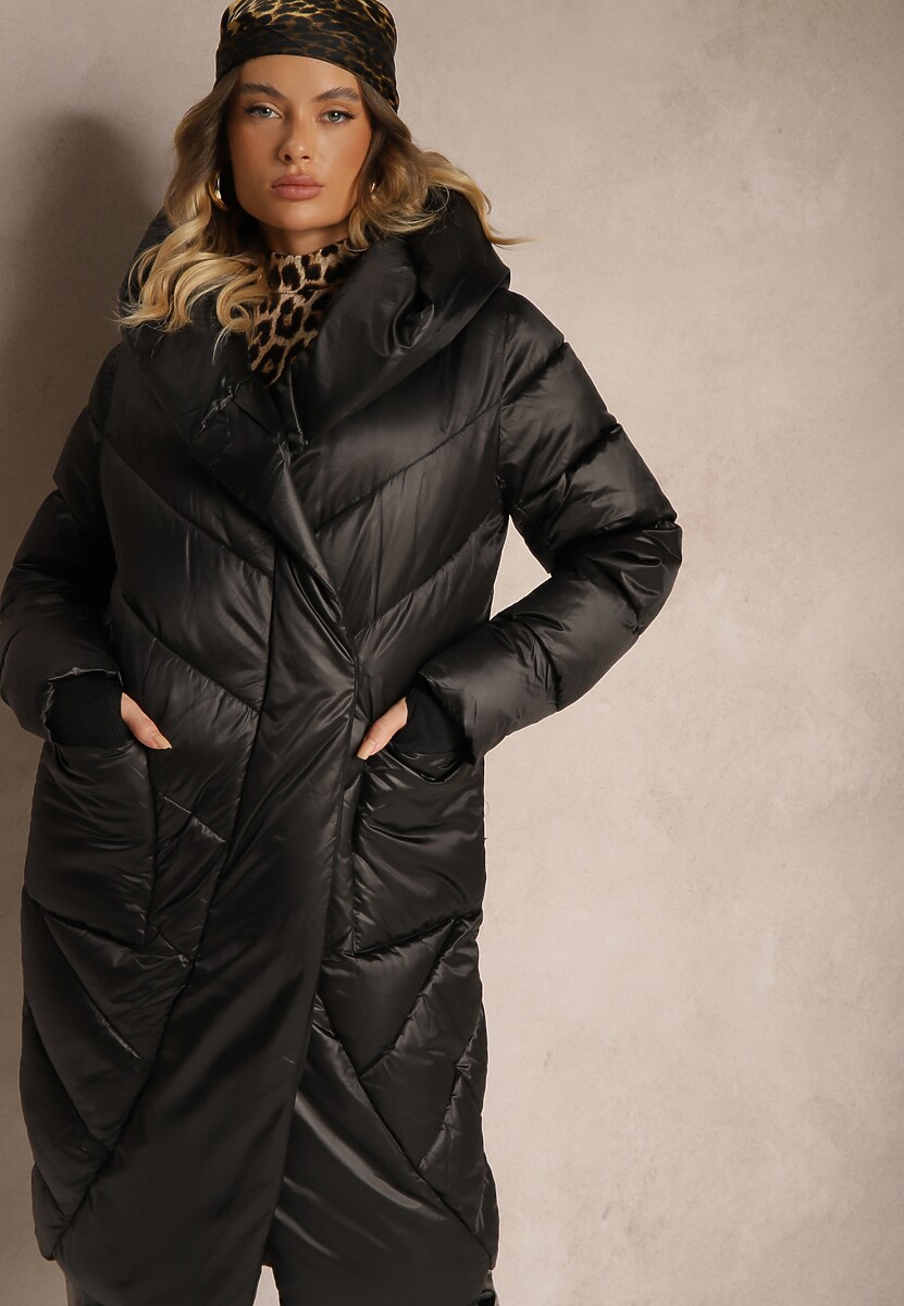 Ciemnoszara Pikowana Kurtka o Asymetrycznym Kroju z Kapturem Hedirani