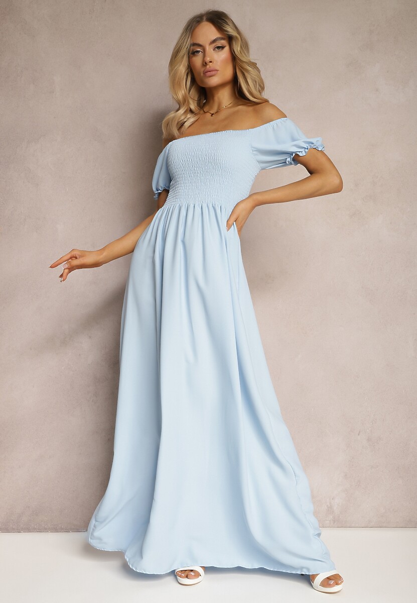 Różowa Sukienka z Gumeczkami w Talii i Przy Dekolcie z Rozkloszowanym Dołem Anideta