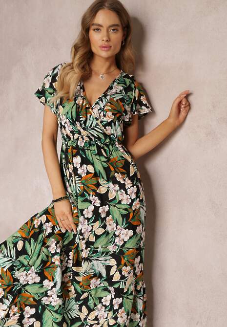 Czarno-Zielona Sukienka Rozkloszowana w Kwiaty z Gumką w Pasie Diggle