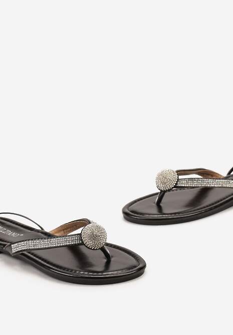 Czarne Sandały w Stylu Japonek Wiązane wokół Łydki Ozdobione Cyrkoniami Lebavie