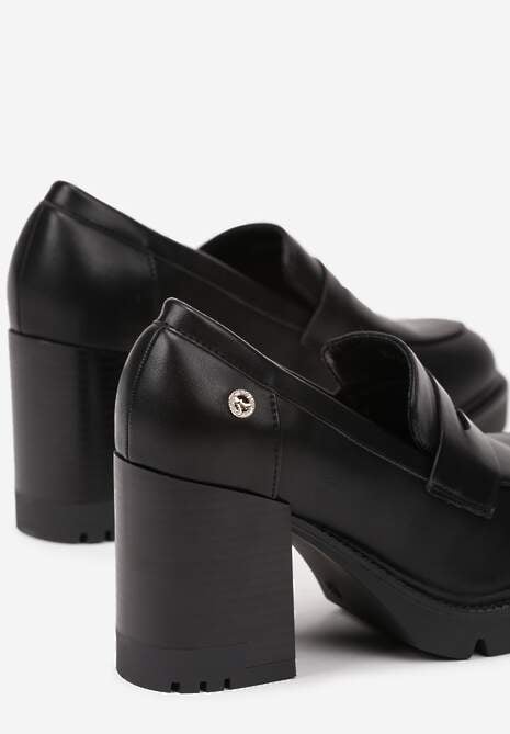 Czarne Półbuty na Platformie z Tłoczeniem i Słupku z Metaliczną Aplikacją Ravalisse