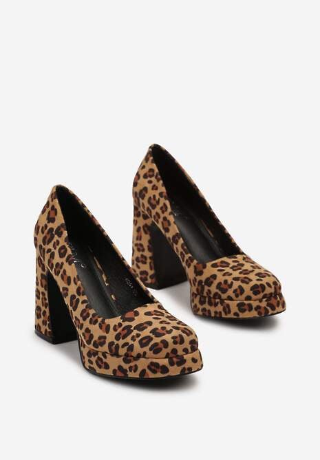 Brązowe Czółenka w Panterkę na Obcasie z Kwadratowym Noskiem w Panterkę Viaella
