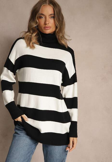 Czarno-Biały Golf Ozdobiony Paskami Raluna