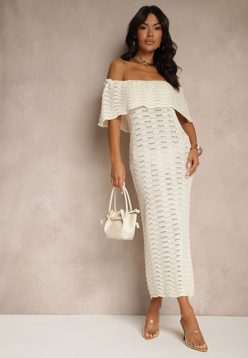 Beżowa Sukienka Hiszpanka z Ażurowej Tkaniny z Ozdobnym Dekoltem Filadella