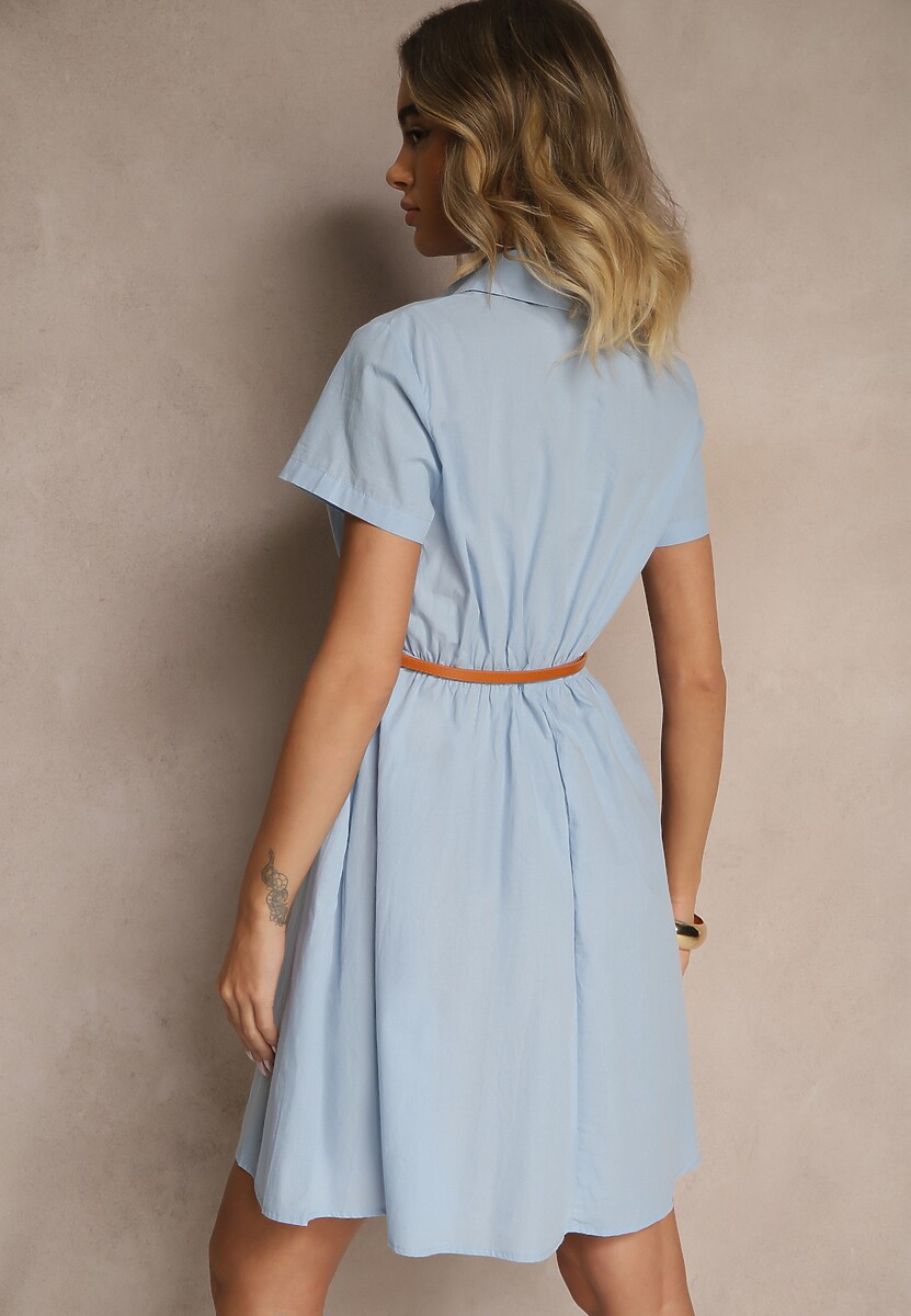 Niebieska Sukienka Koszulowa z Cienkim Paskiem w Talii Weolessa