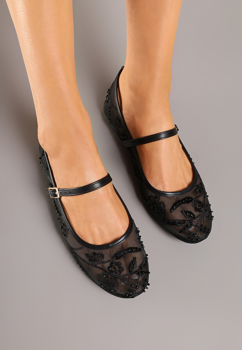 Czarne Balerinki Siateczkowe z Haftami i Sprzączką Diviaria