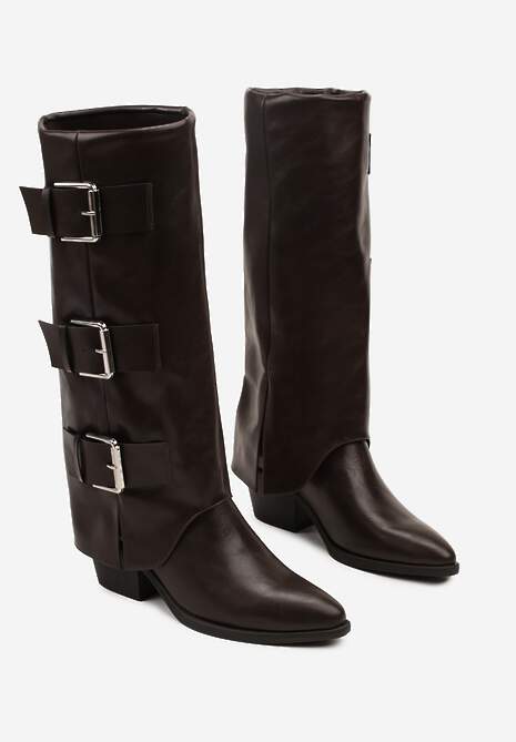 Brązowe Kozaki na Słupku Kowbojki Ozdobione Metaliczną Aplikacją i Wywiniętą Cholewką Latareia