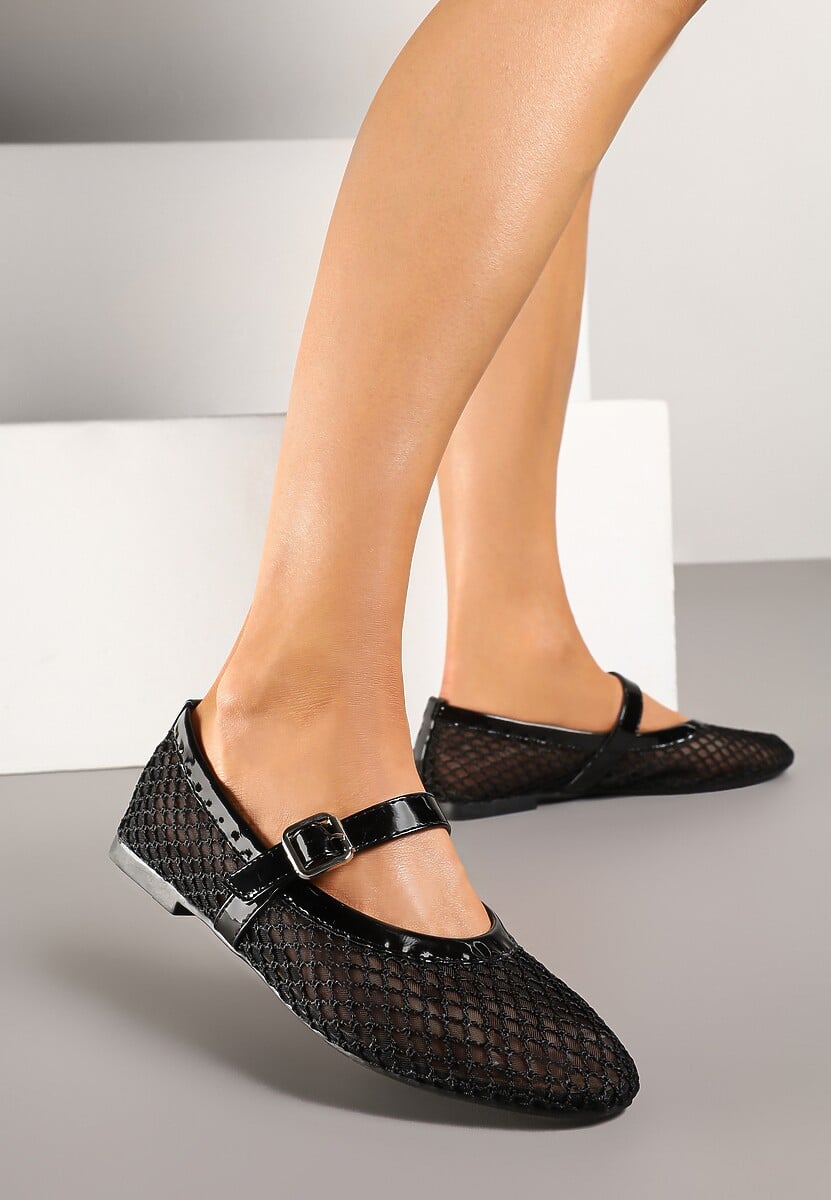 Czarne Siateczkowe Balerinki w Stylu Mary Jane Annivira