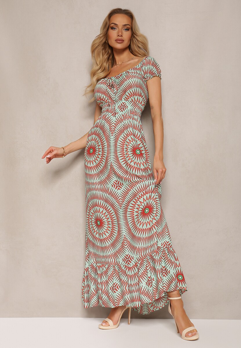 Miętowo-Pomarańczowa Rozkloszowana Sukienka z Wiskozy z Gumką w Pasie i Wiązaniem przy Dekolcie Xicia