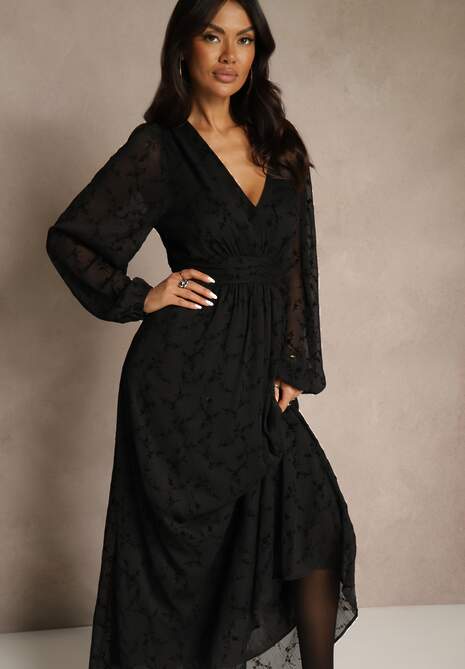 Czarna Rozkloszowana Sukienka z Siateczki w Kwiatowy Wzór Fezuna