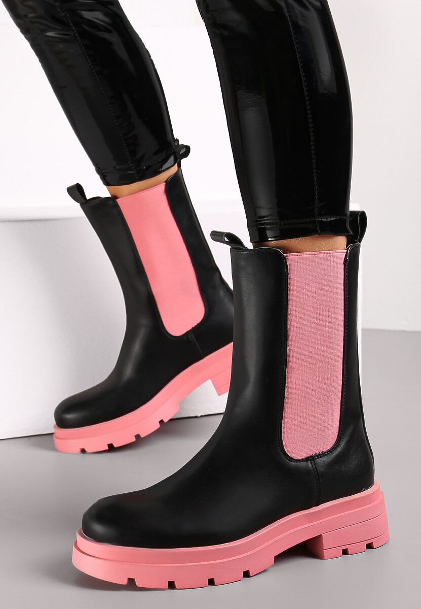 Czarno-Różowe Botki Sztyblety z Kolorowymi Wstawkami i Podeszwą Zarli