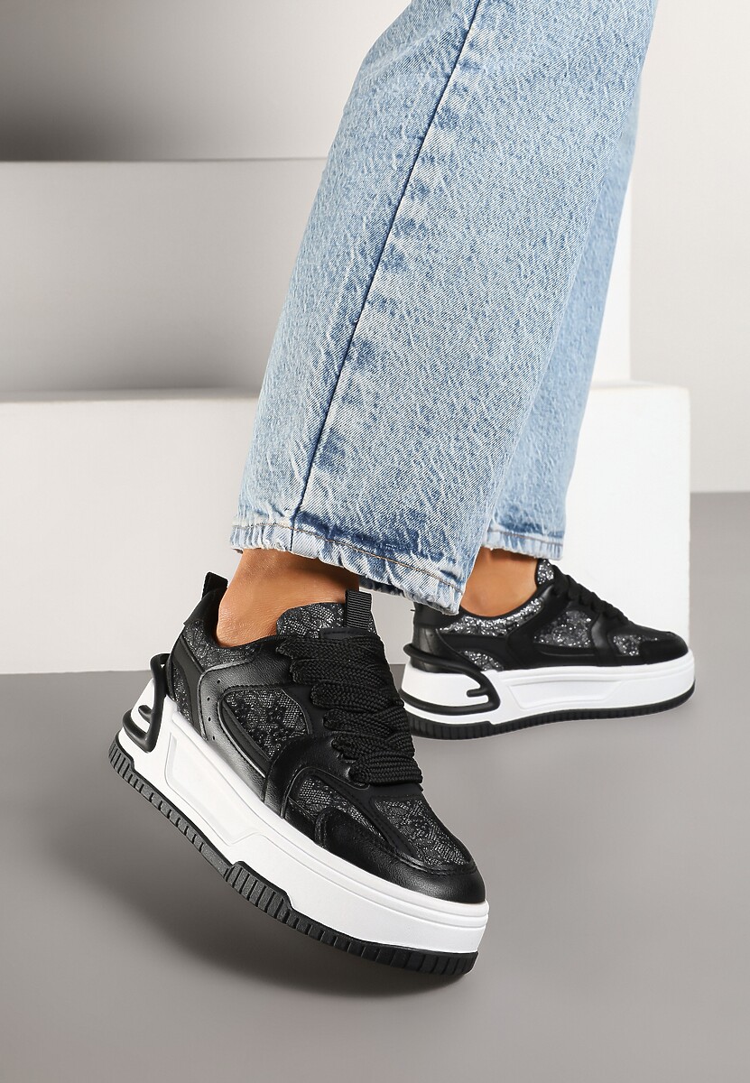 Czarne Sneakersy z Brokatowymi Zdobieniami na Platformie Deovirae