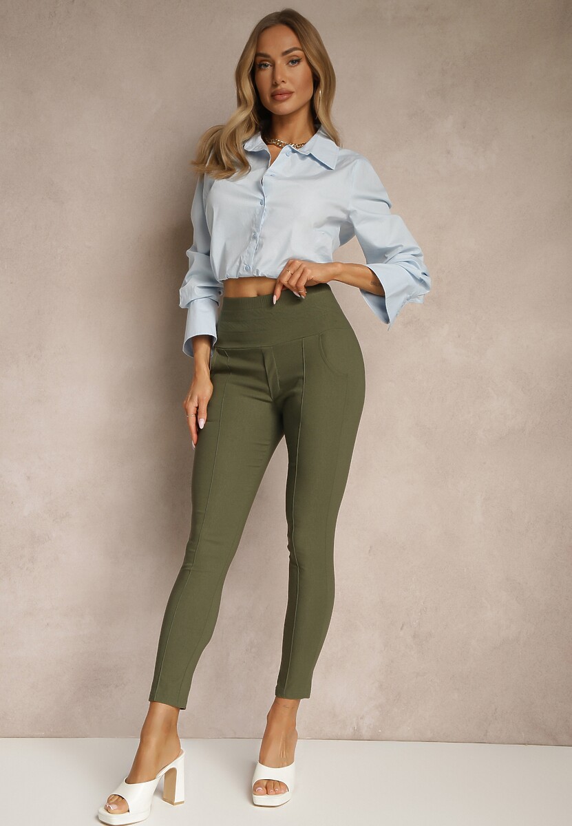 Ciemnozielone Spodnie Skinny High Waist Kolanira