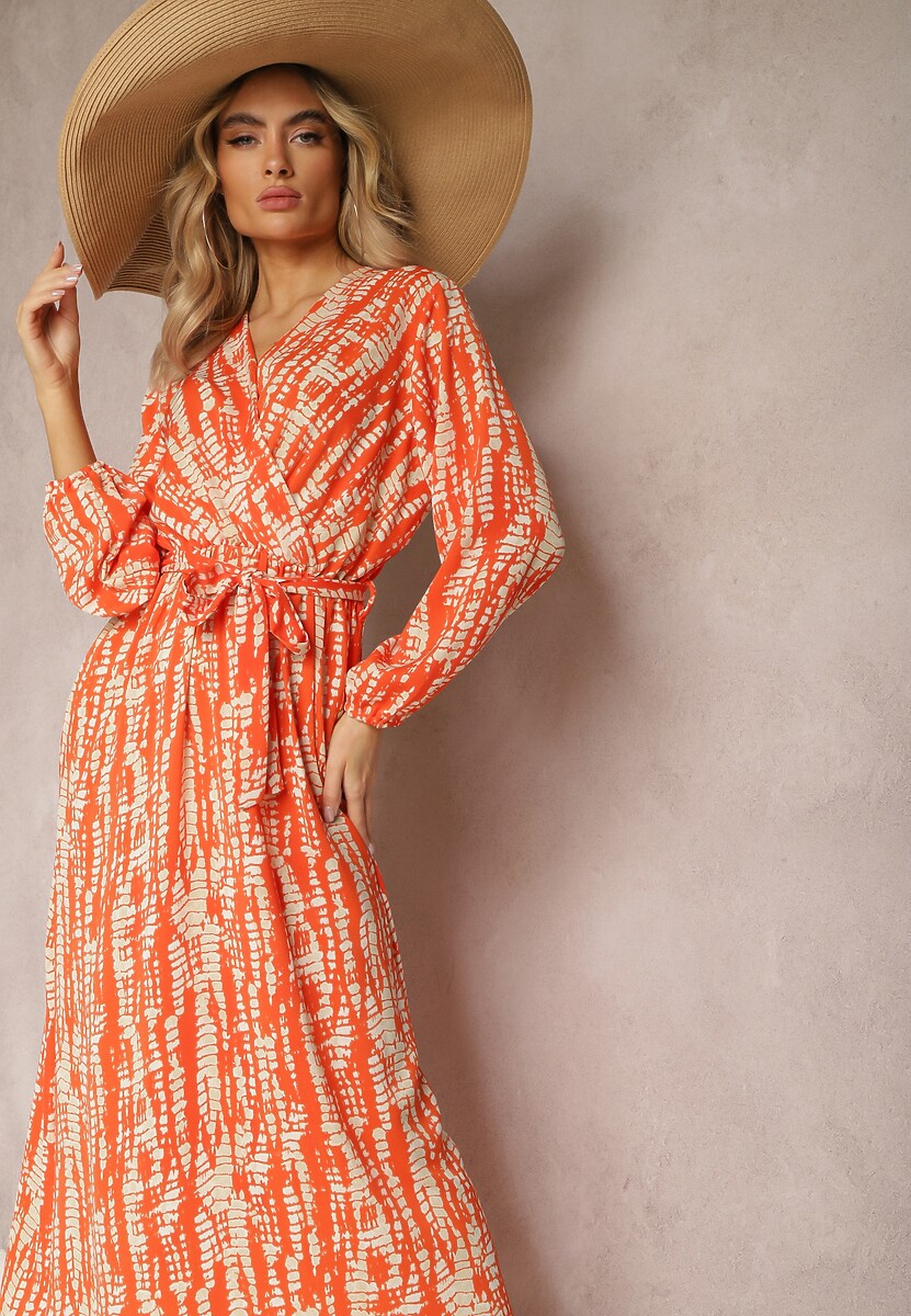 Pomarańczowa Długa Kopertowa Sukienka z Abstrakcyjnym Motywem i Paskiem w Talii Delphinna