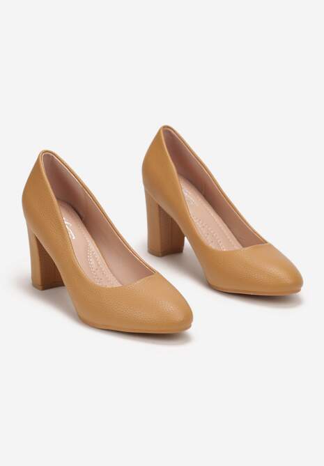 Brązowe Czółenka z Okrągłym Noskiem na Słupku z Imitacji Skóry Wilnia