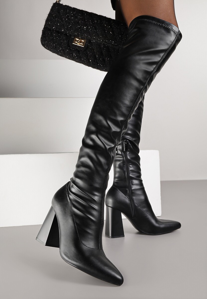 Czarne Dopasowane Kozaki Vices za Kolano na Słupku Todvira