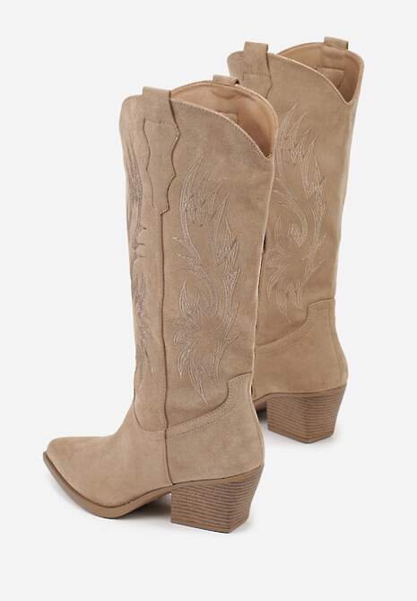 Ciemnobeżowe Klasyczne Kozaki Kowbojki na Stożku Zdobione Haftem Nallesia