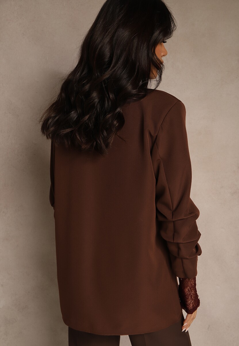 Jasnobrązowa Pudełkowa Marynarka Bez Zapięć z Wiskozą z Marszczonymi Rękawami Fenidia