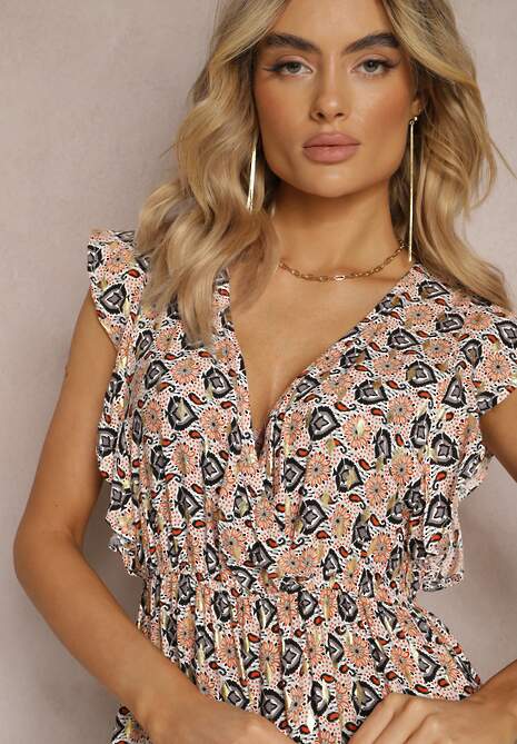 Beżowo-Brązowa Sukienka z Gumką w Talii z Wiskozy w Abstrakcyjny Wzór Lianefa