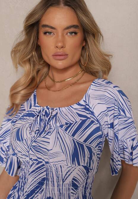 Niebieska Sukienka z Bawełny o Rozkloszowanym Kroju z Motywem Liści Aluielle