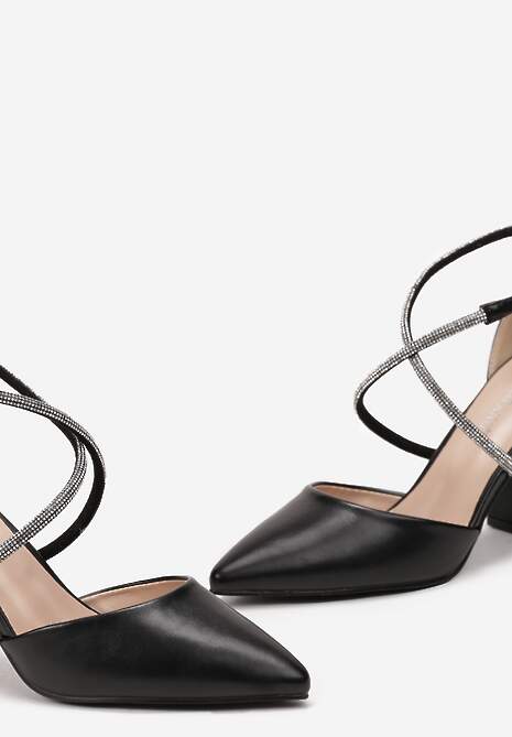 Czarne Czółenka na Słupku z Noskiem w Szpic i Paskami w Cyrkonie Grigorina