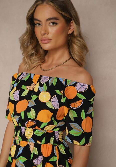 Czarna Sukienka Typu Hiszpanka z Bawełną ze Wzorem Cytrusów Aprona