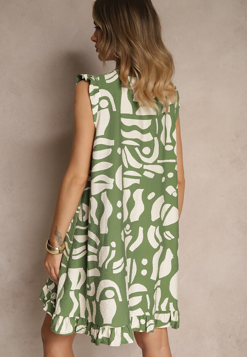Zielona Rozkloszowana Sukienka w Abstrakcyjny Print z Dekoltem w Kształcie V Mevioraia