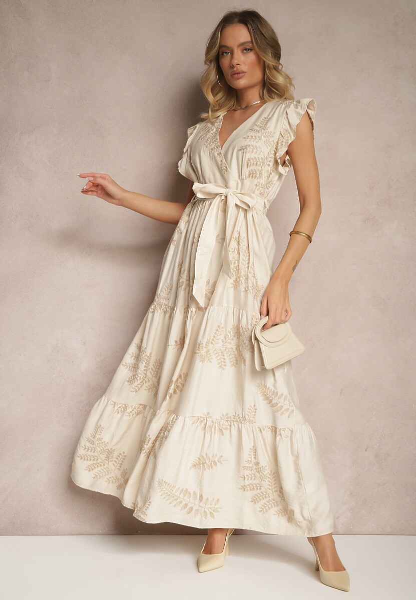 Beżowa Sukienka z Wiskozy z Ozdobnym Haftem i Metaliczną Nicią Grelvesa