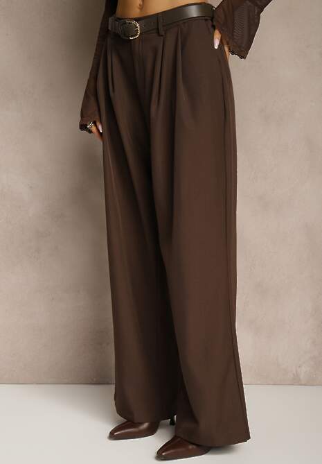 Brązowe Garniturowe Spodnie Wide Leg z Paskiem z Klamrą Muszelką Setre